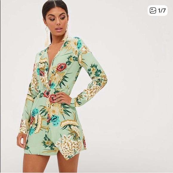 Sage Floral Long Sleeve Mini Dress - Picture 1 of 4